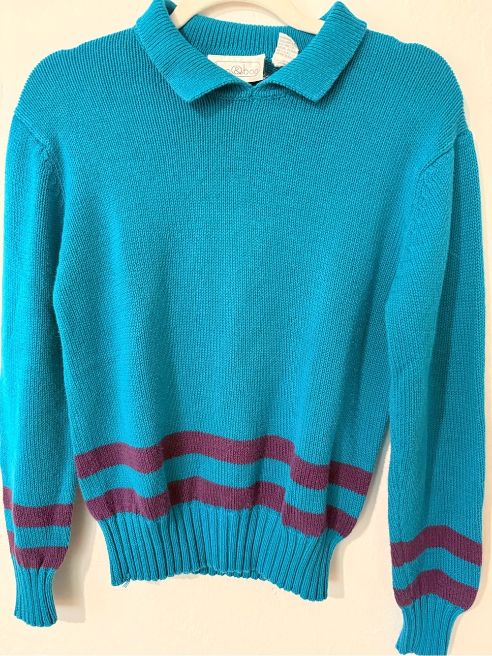 Vintage 80s Loo & Boo Cotton Polo Sweater M Turquoise Purple Striped Cropped